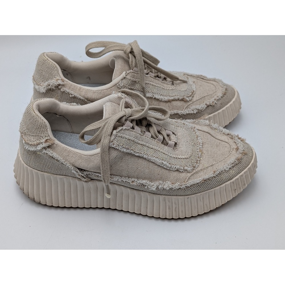 Dolce Vita Sneakers Women 8.5 Beige Canvas Platform Distressed Frayed Edges Edgy